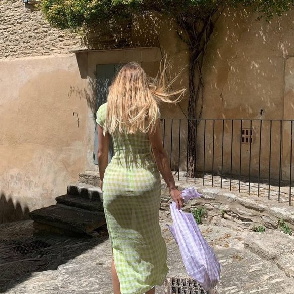 Gingham Check Midi Dress in Green - Picture 2 of 7